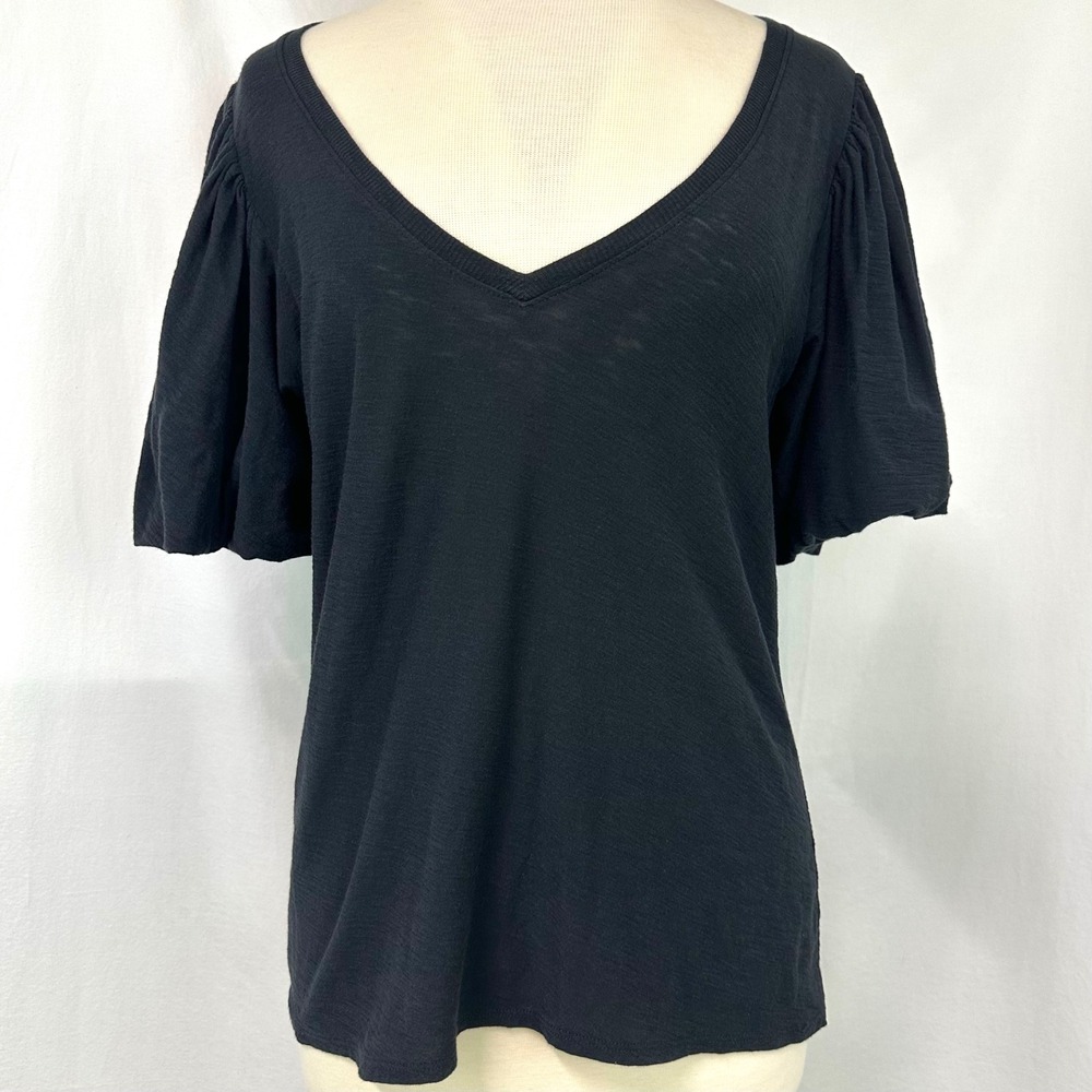 NATION LTD Black V Neck Traci Bubble Puff Sleeve 100% Pima Cotton Slub Top Large